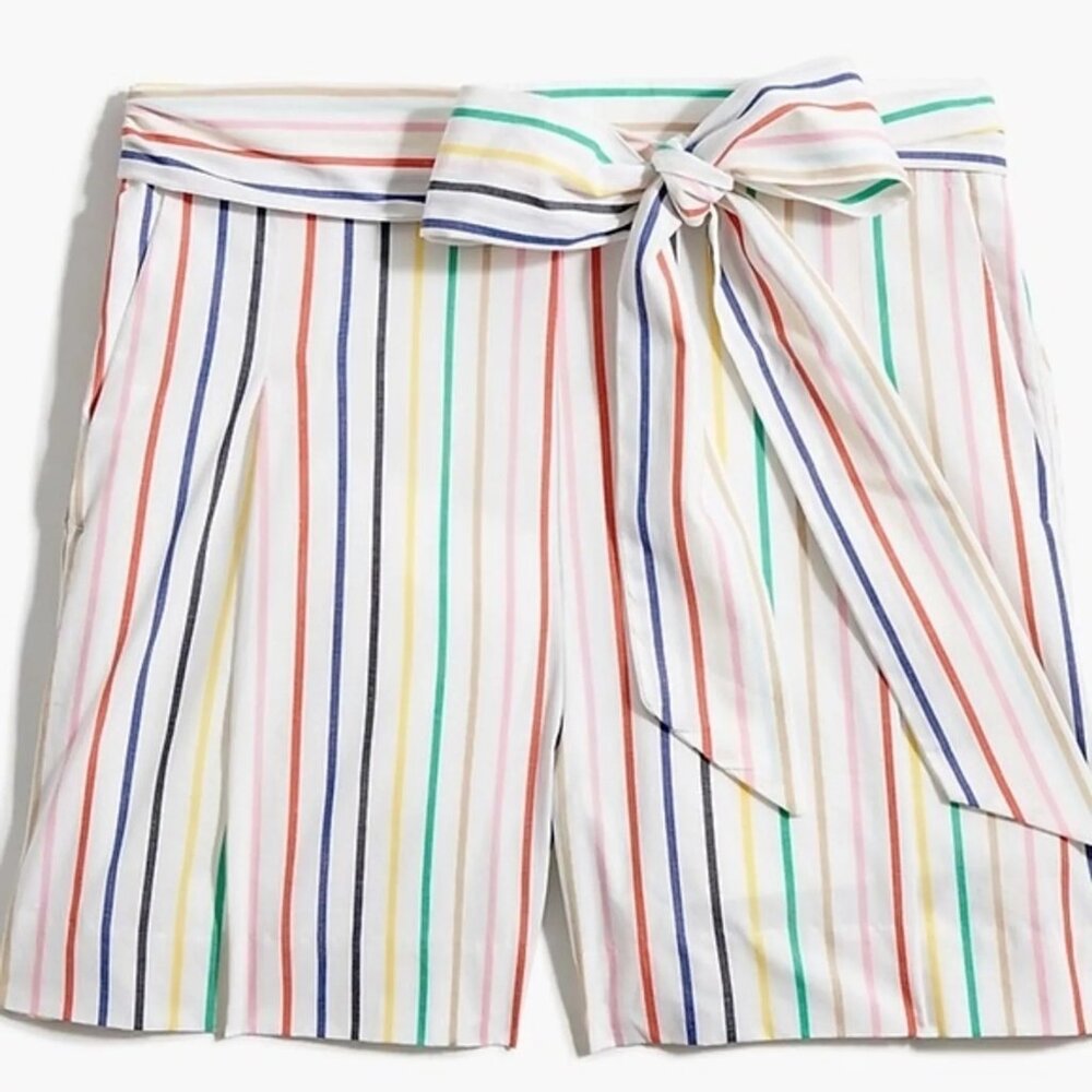 J. Crew Factory Rainbow Striped Bow Tie-waist Short Stretch Cotton Poplin Size 0